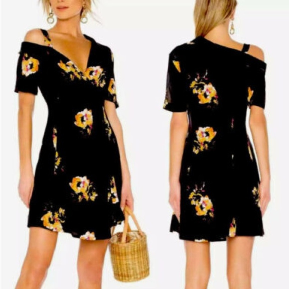A.L.C Lucia Silk Black Floral Asymmetrical Off Shoulder Faux Wrap Dress size 4